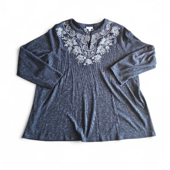 J. Jill Embroidered Tunic Top Plus 2X Gray Boho Casual Knit Elevated Basics - Picture 3 of 16